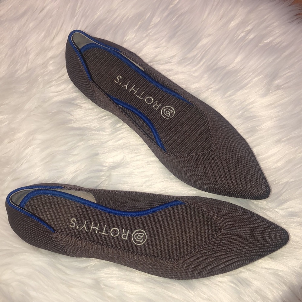 Rothy’s The Point slip on flat shoes. Women’s size 8.5. Colors-Mink with purple.